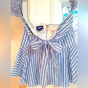 BEBE Nautical Top White Navy Stripes zip back BowTie front Wear off shoulders